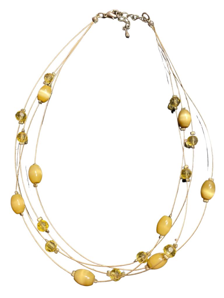 Multistrand Wire Beaded Bib Necklace Goldtone Metal and Beads