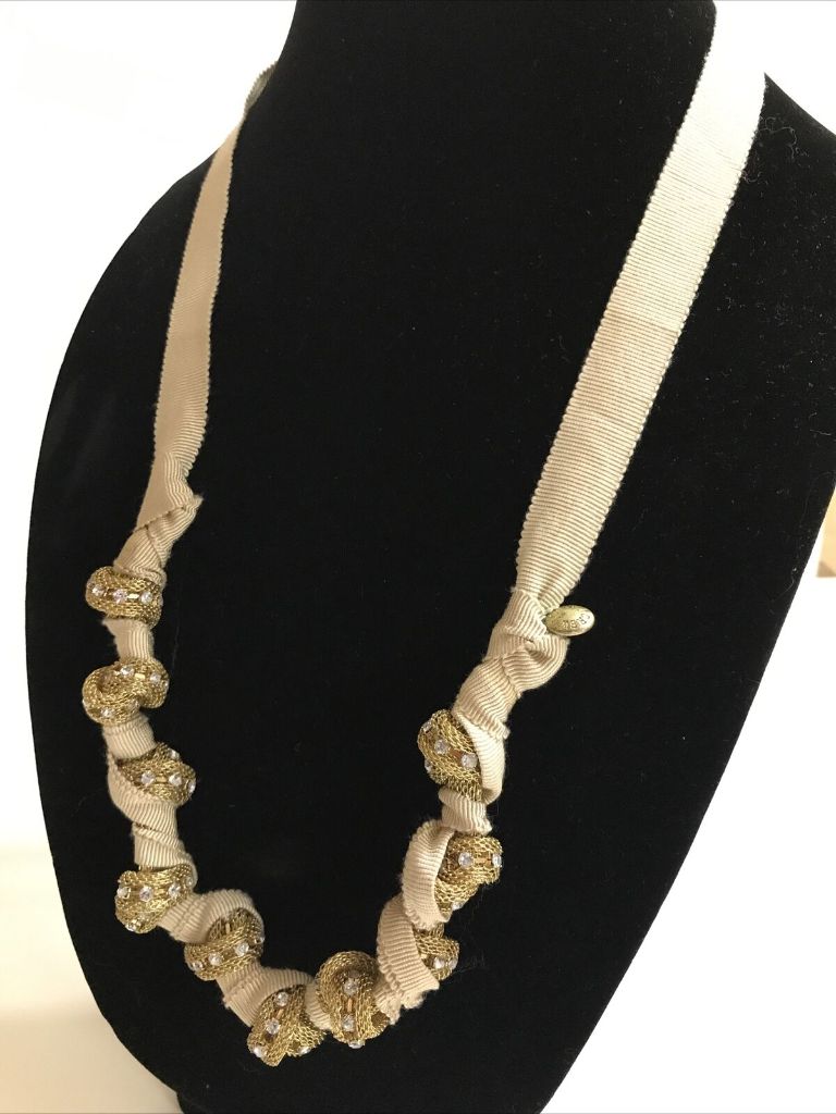 J.Crew Tan Grosgrain Ribbon Necklace Goldtone and Rhinestone Chain Knotted