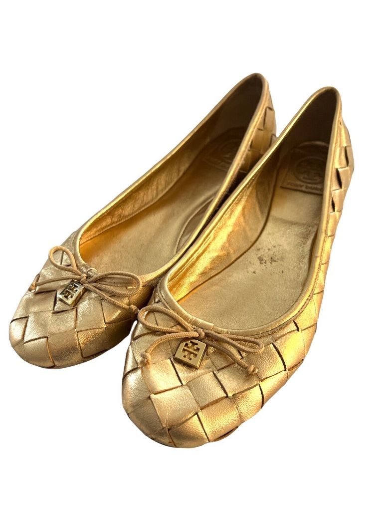 8.5 M Tory Burch Prescot Woven Ballet Flat Metallic Gold