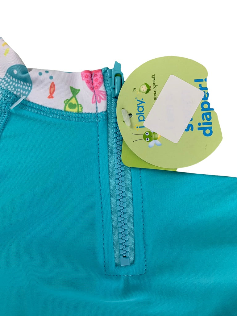 18 Months i play. Girls Two Piece Swimsuit Built-In Diaper Blue Fish Long Sleeve