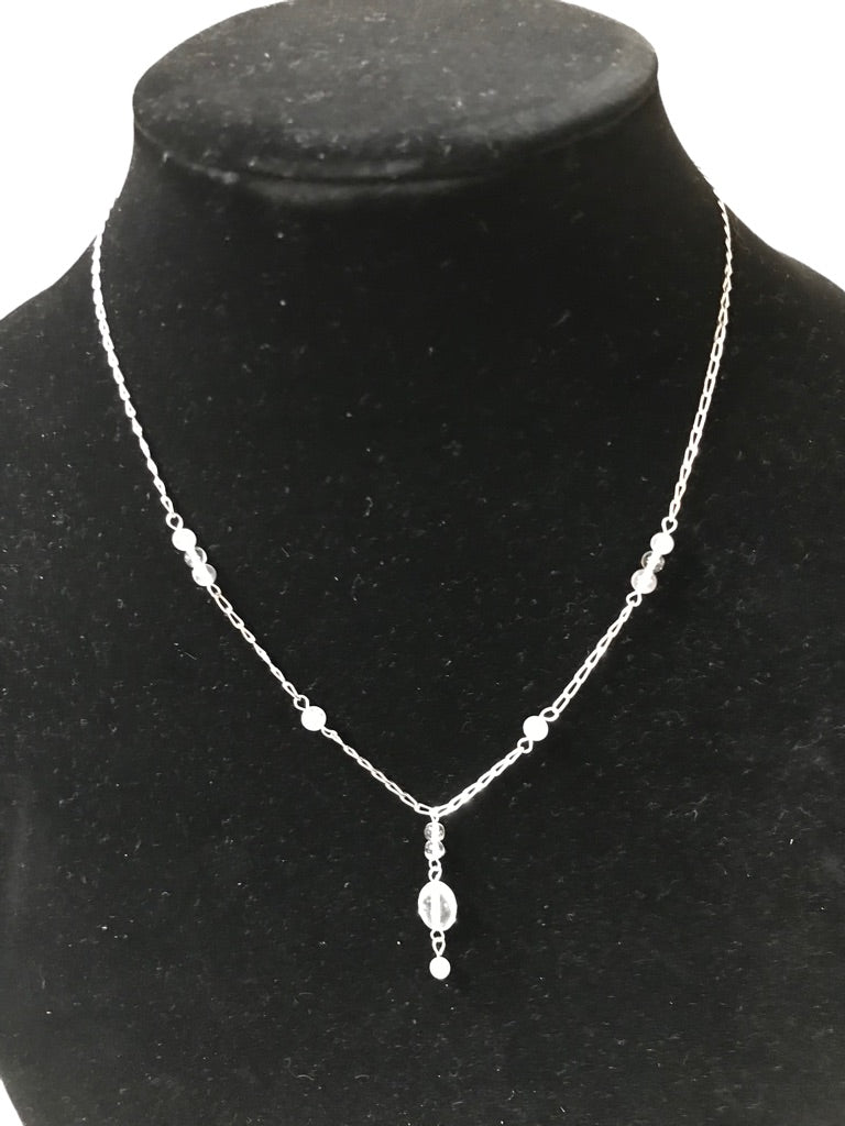 Set Delicate Silvertone 18" Necklace and 1.5" Drop Hook Earrings Orchid Beads