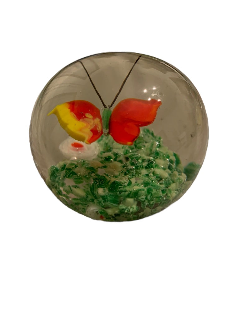 Glass Globe Paperweight Red Yellow Butterfly Grass 1.8"h x 2"d