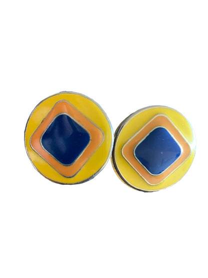 Vintage 1 1/8" Diameter Round Geometric Lightweight Earrings Yellow Blue Orange