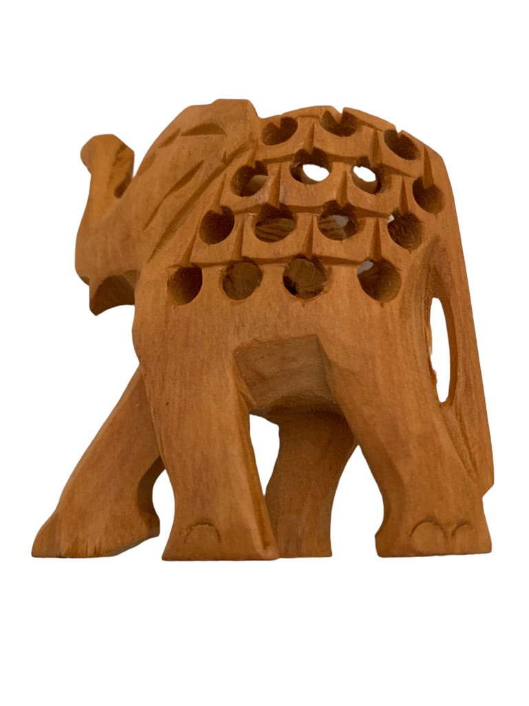 Carved Wooden Elephant Figurine 3 1/8"h Natural Look Trunk Up