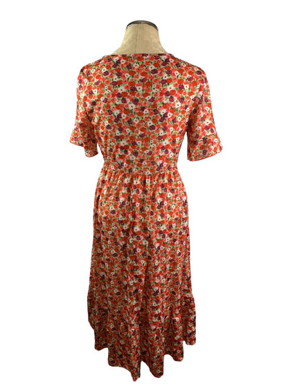 Medium Women's Floral Coral Print Tshirt Dress Midi Length Ruffle Hem