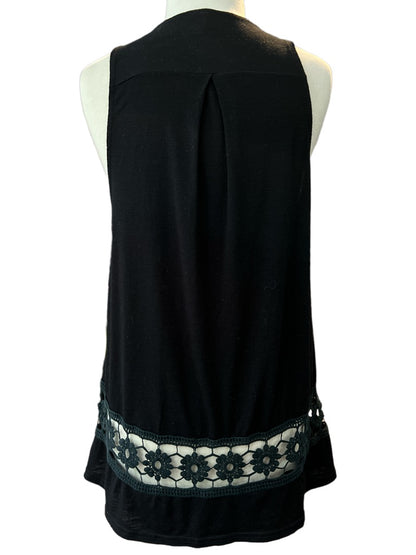 Small Poof Black Sleeveless Tunic Crochet Trim At Hem