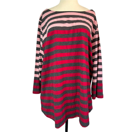 2X Ruby Rd. Blouse Shirt Multi-Stripe Pink Red Gray 3/4 Sleeve Plus Size NWT
