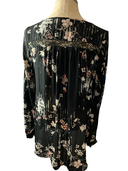 4 White House Black Market Peasant Blouse Oversize Sheer Tunic Black Floral