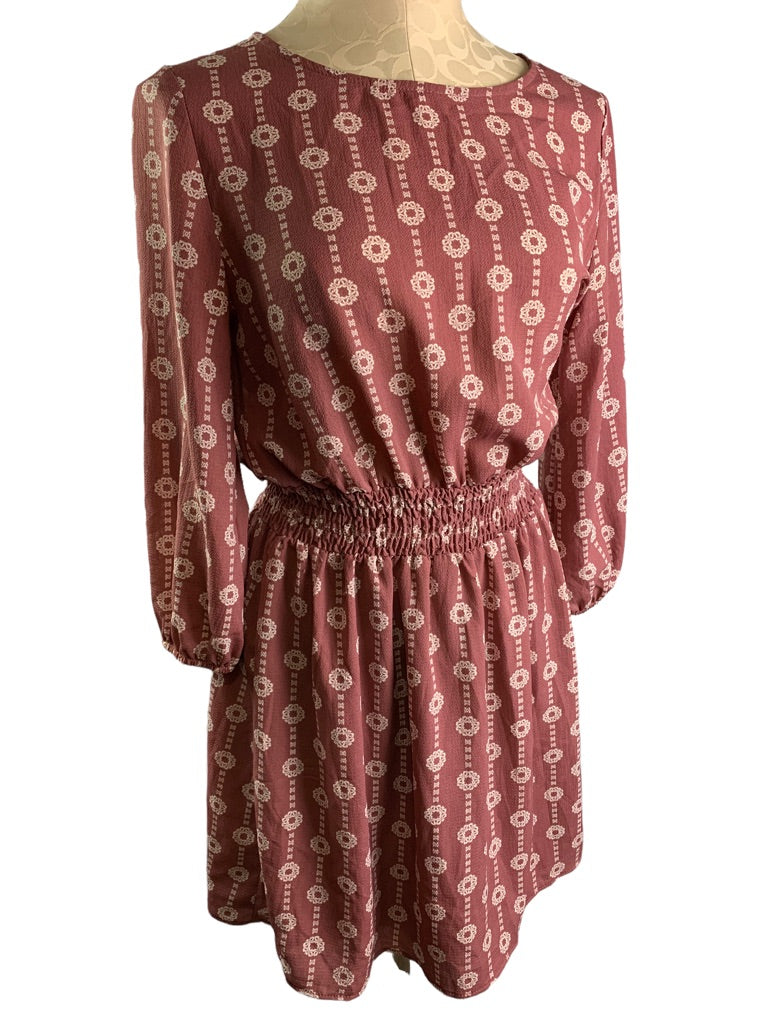 Small Charming Charlie Mauve Pink Print Pullover Dress 3/4 Sleeve Elastic Waist