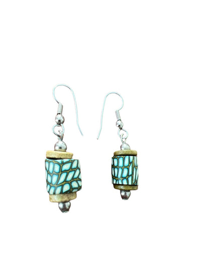 Boho Cylinder Handmade Dangle Earrings Wood Polymer Clay