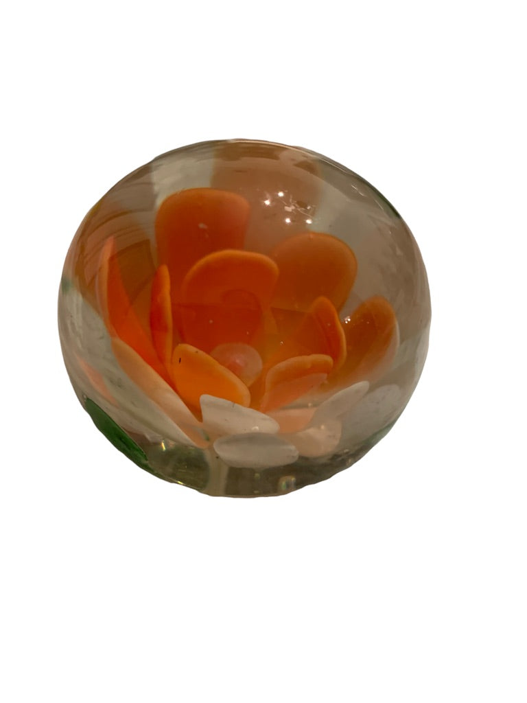 Small Glass Orange Flower Paperweight 2"d x 1.8"h