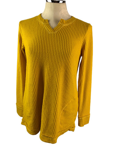 XS LOGO Lounge Lori Goldstein Yellow Waffle Tunic Top Pockets V-Neck