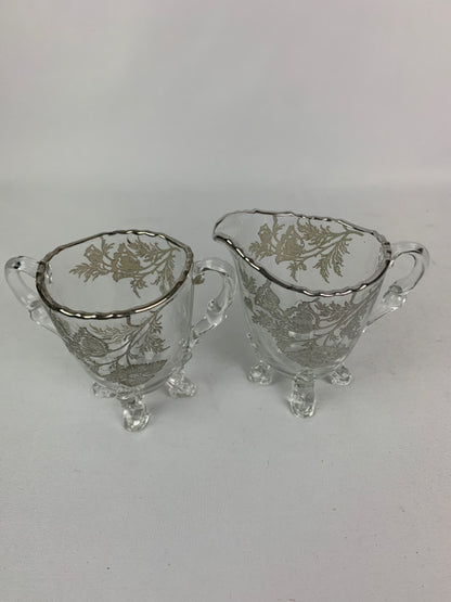 Vintage Silver City Flanders Glass Footed Open Sugar and Creamer Set