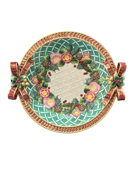 Fitz & Floyd "Christmas Wreath" Festive Round Serving Bowl Ribbon Handles