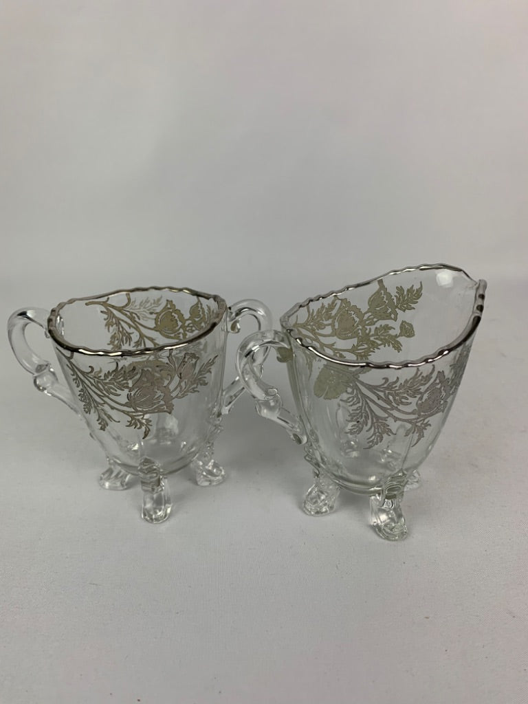 Vintage Silver City Flanders Glass Footed Open Sugar and Creamer Set