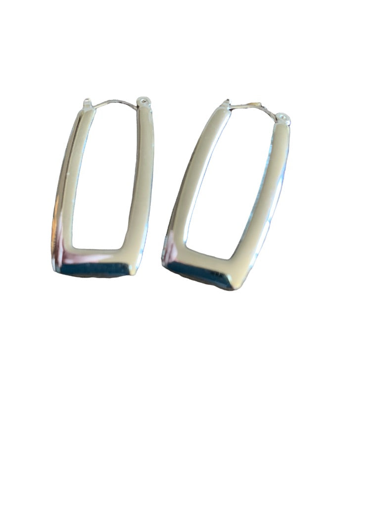 Silvertone Rectangle Pierced Leverback Earrings 1 1/8" Drop