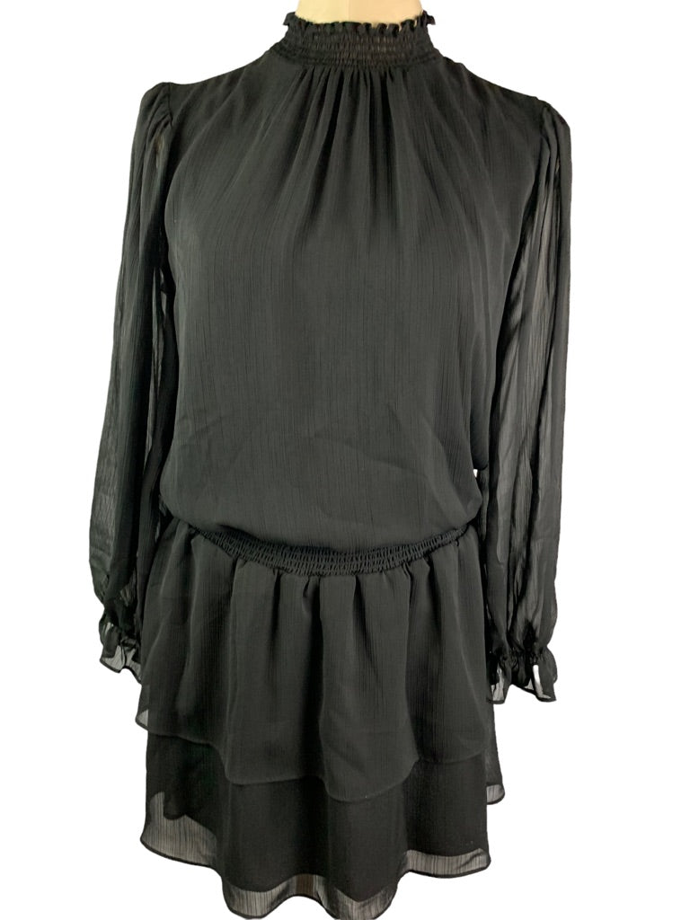 Small Express Black Blouson Sheer Long Sleeve Dress Collar