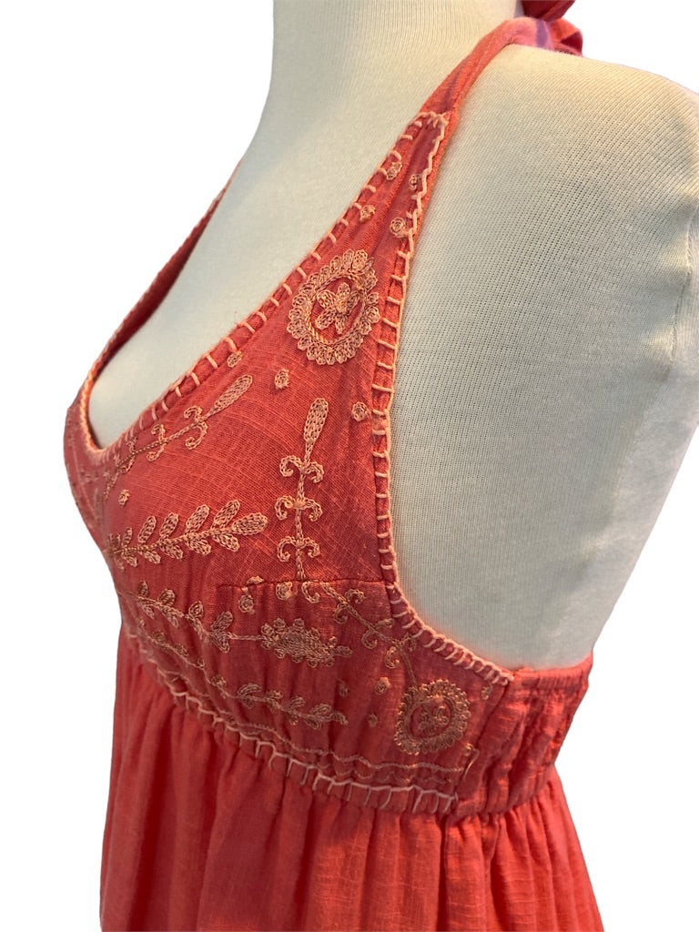 Small Prana Orange Halter Top Embroidered Raw Edge Blouse