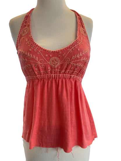 Small Prana Orange Halter Top Embroidered Raw Edge Blouse