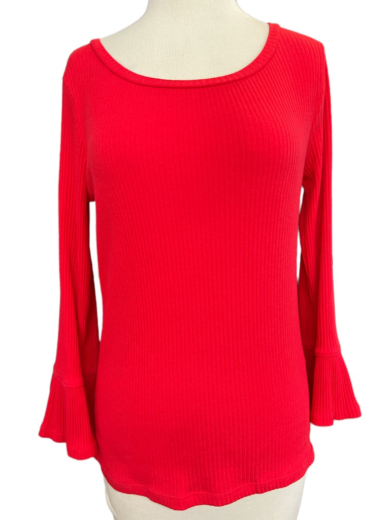 Small J Crew Poppy Red Ribbed Long Circular Flounce Sleeve Blouse Shirt