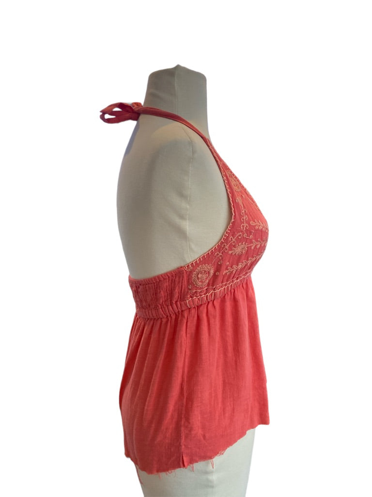 Small Prana Orange Halter Top Embroidered Raw Edge Blouse