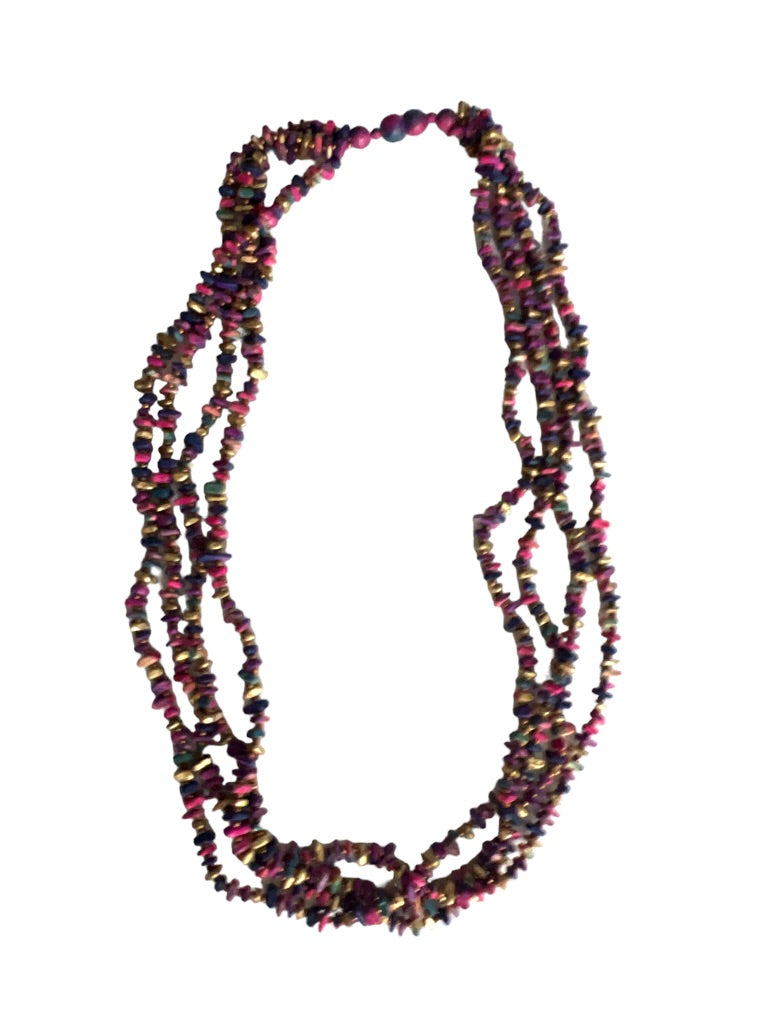 Multicolor 4 Strand Bead Necklace Painted Wood Pink Purple Gold