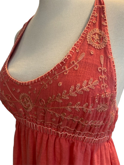 Small Prana Orange Halter Top Embroidered Raw Edge Blouse