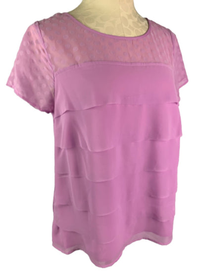 Medium Elle Women's Tiered Blouse Pink Purple Short Sleeve