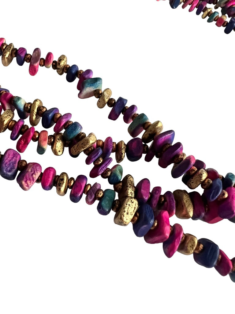 Multicolor 4 Strand Bead Necklace Painted Wood Pink Purple Gold