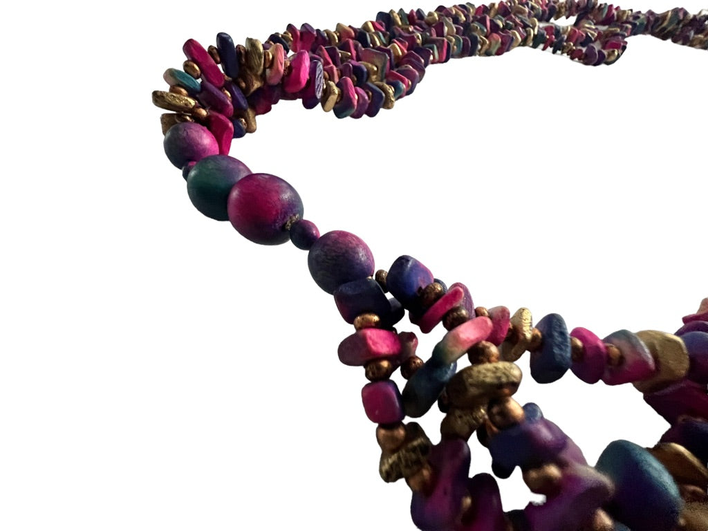 Multicolor 4 Strand Bead Necklace Painted Wood Pink Purple Gold