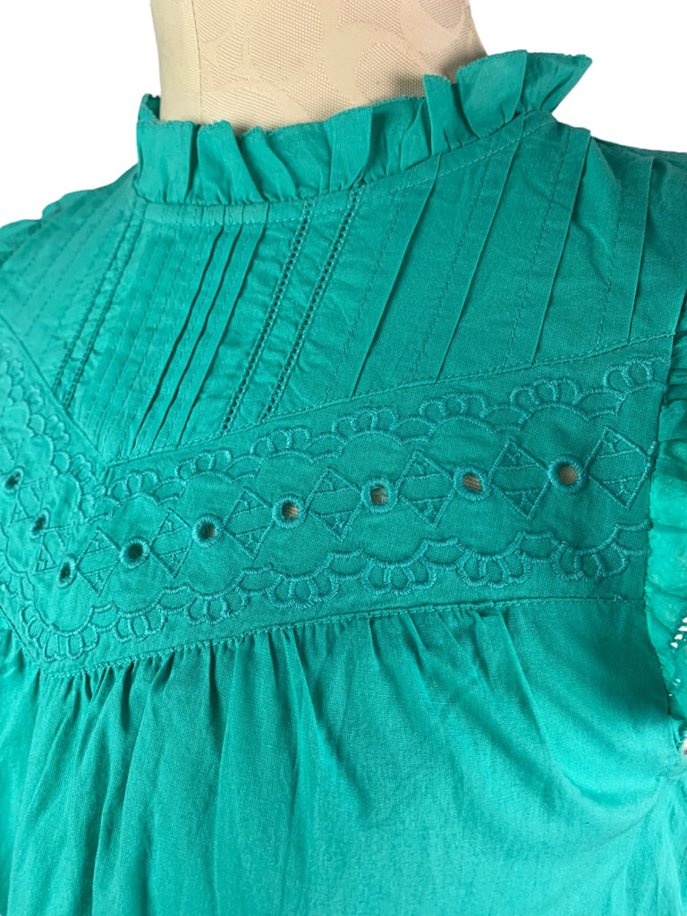 XXS J.Crew Women's Green Eyelet Ruffle Cap Sleeve Blouse Style#AZ105