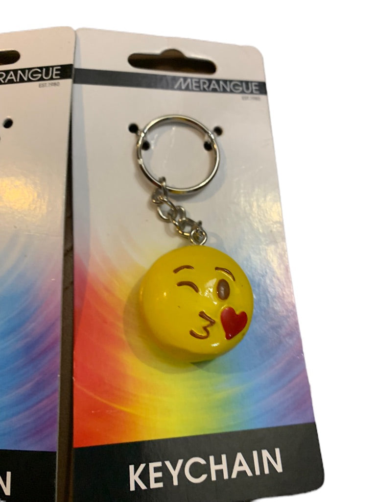 Set of 2 Smiling Kissy Emoji Keychains Key Rings Heart Tongue