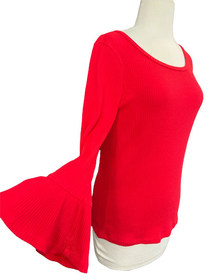 Small J Crew Poppy Red Ribbed Long Circular Flounce Sleeve Blouse Shirt