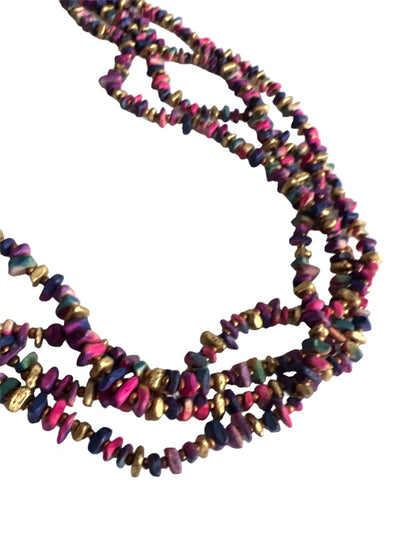 Multicolor 4 Strand Bead Necklace Painted Wood Pink Purple Gold