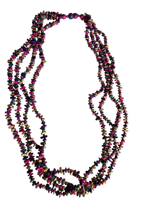 Multicolor 4 Strand Bead Necklace Painted Wood Pink Purple Gold