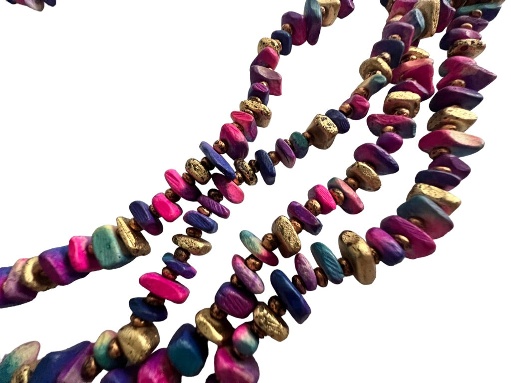 Multicolor 4 Strand Bead Necklace Painted Wood Pink Purple Gold