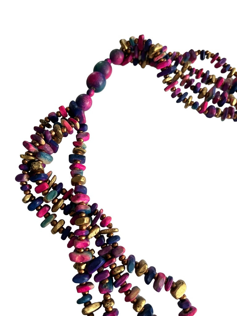 Multicolor 4 Strand Bead Necklace Painted Wood Pink Purple Gold