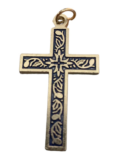 Vintage 1 1/4" Silvertone Pendant Cross Blue Embossing Jewelry for Necklace