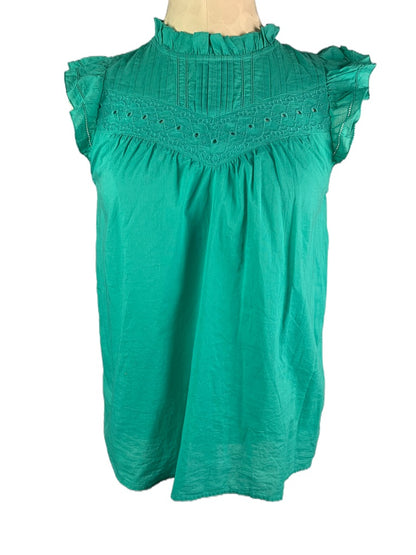 XXS J.Crew Women's Green Eyelet Ruffle Cap Sleeve Blouse Style#AZ105