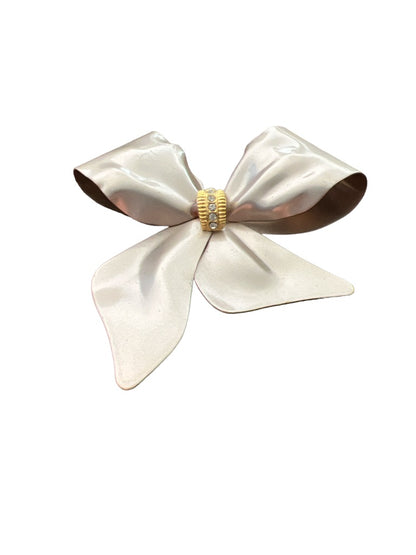 Blush Metallic Metal Bow Brooch Goldtone Rhinestone Center