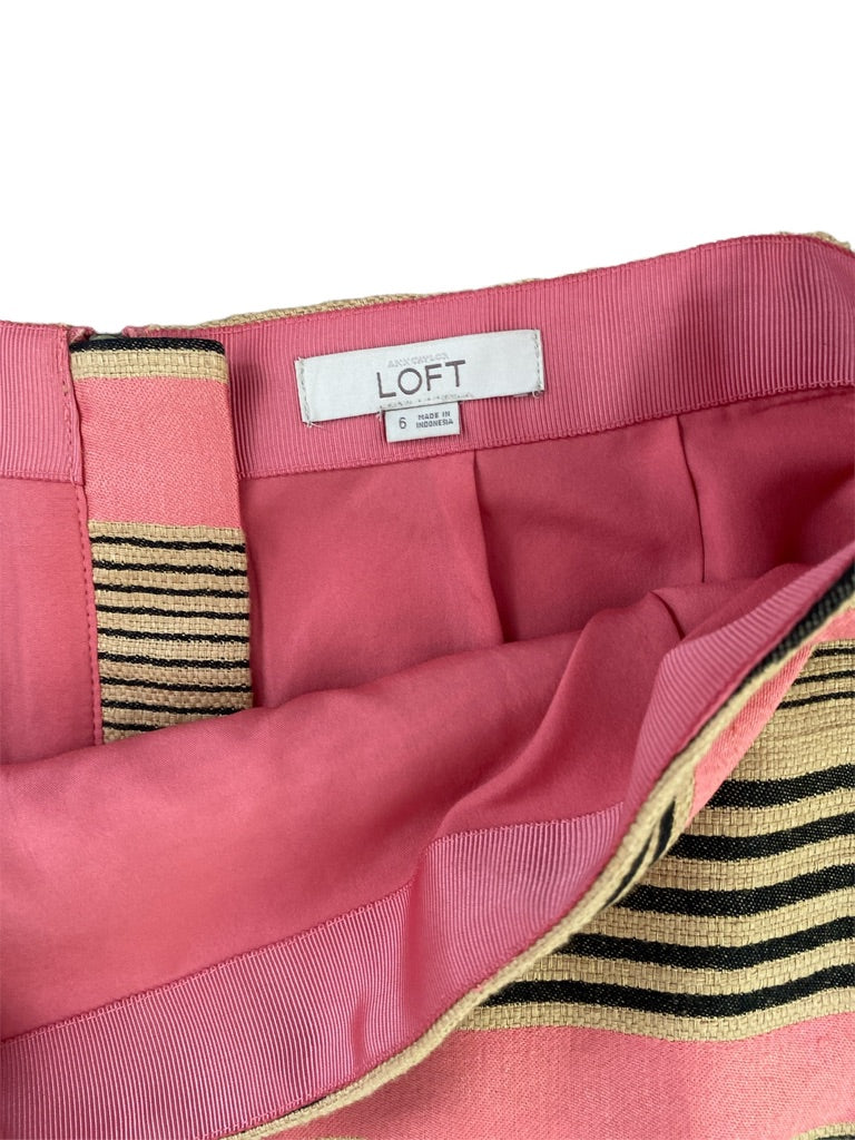 6 LOFT Pink Beige Black Striped Skirt Lined Linen Blend