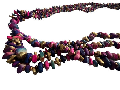 Multicolor 4 Strand Bead Necklace Painted Wood Pink Purple Gold