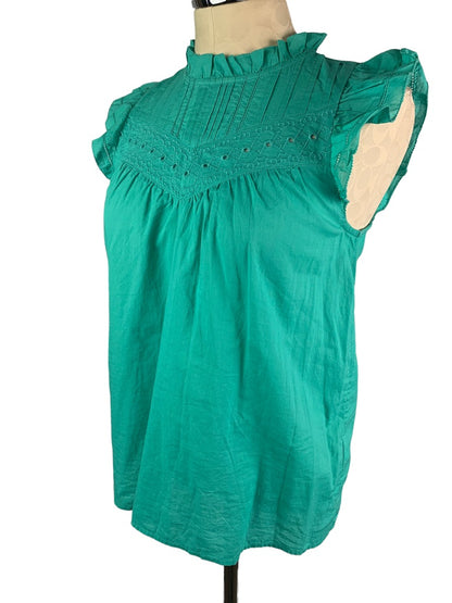 XXS J.Crew Women's Green Eyelet Ruffle Cap Sleeve Blouse Style#AZ105