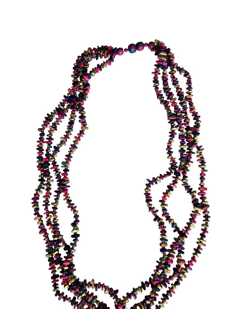 Multicolor 4 Strand Bead Necklace Painted Wood Pink Purple Gold