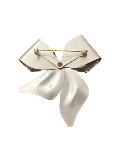 Blush Metallic Metal Bow Brooch Goldtone Rhinestone Center