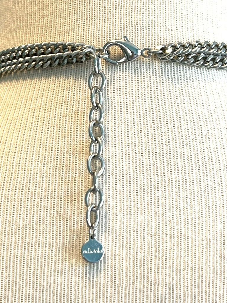 Stella and Dot Tessa Fringe Necklace Lariat Silvertone Blue Steel Chain