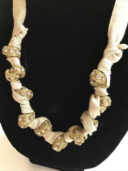 J.Crew Tan Grosgrain Ribbon Necklace Goldtone and Rhinestone Chain Knotted