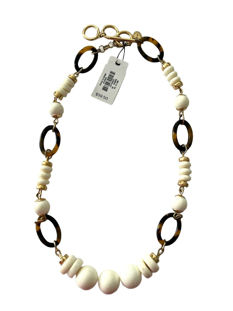 NWT Talbots Tortoise and Cream Beaded Goldtone Necklace Toggle Clasp 21"-22" long