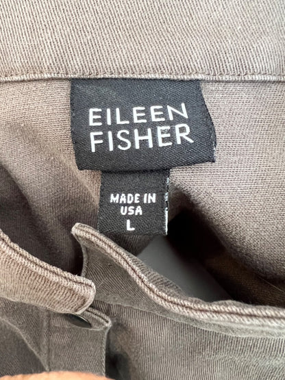 Large Eileen Fisher Olive Organic Cotton Long Jacket Snap Front