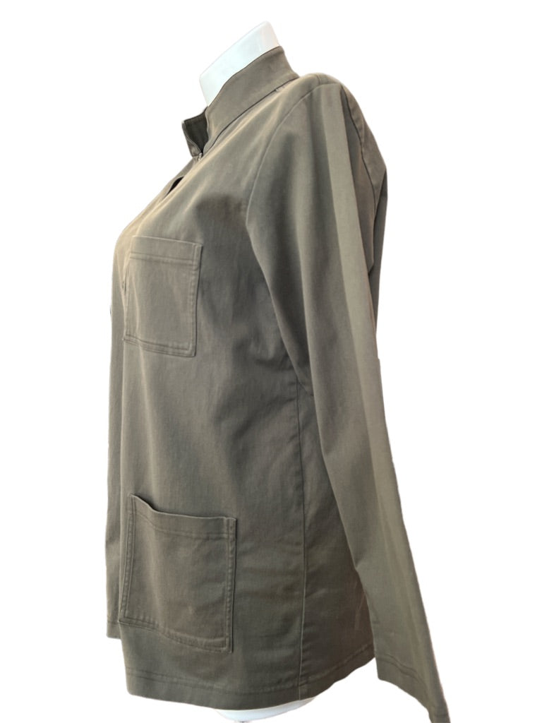 Large Eileen Fisher Olive Organic Cotton Long Jacket Snap Front